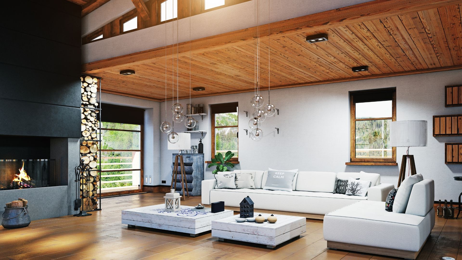 Finished living space with wood ceiling and stone fireplace